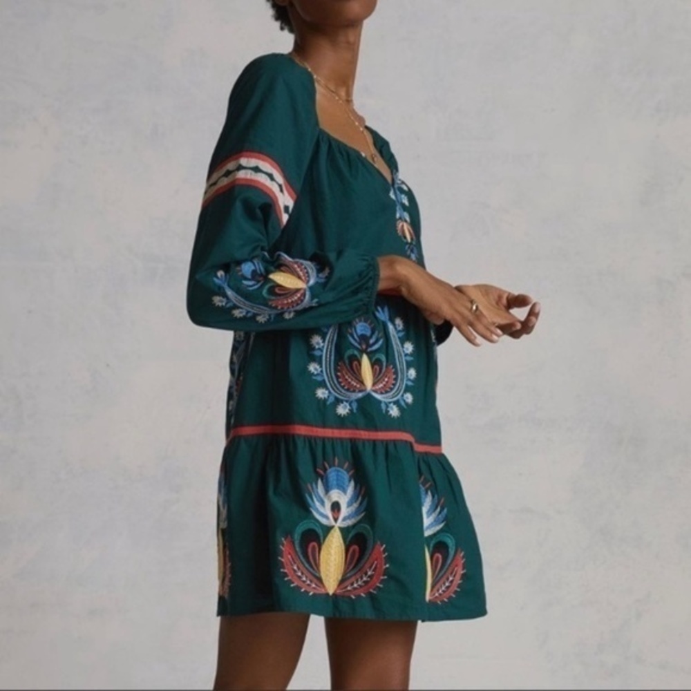 NWT Anthropologie  Let Me Be Green Embroidered Tunic Dress